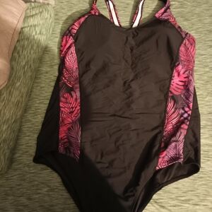Chic Black Swimsuit with Pink Leaf Design